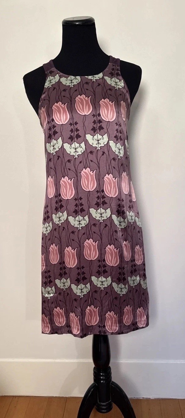 Vintage Miss Sixty Silk Art Nouveau Deco Print Dress Racerback Low Back Size S