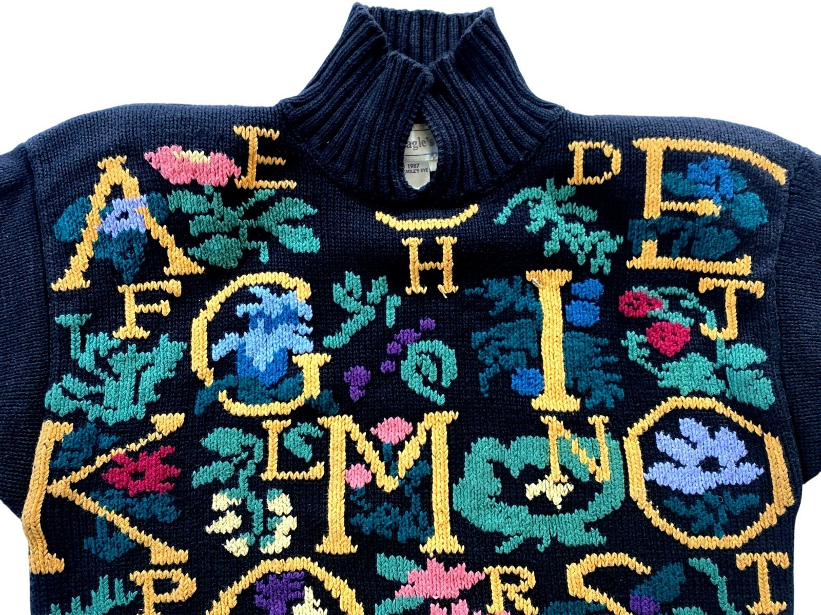 Vintage Sweater Eagle’s Eye Cottagecore Grannycore Alphabet Black Y2K 80’s LARGE