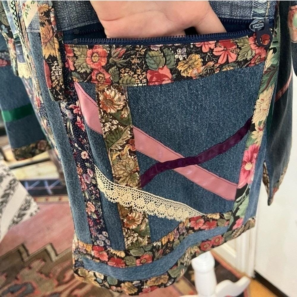 Vintage Patchwork Quilted Jacket Hooded Boho Oversized Denim Coat L XL