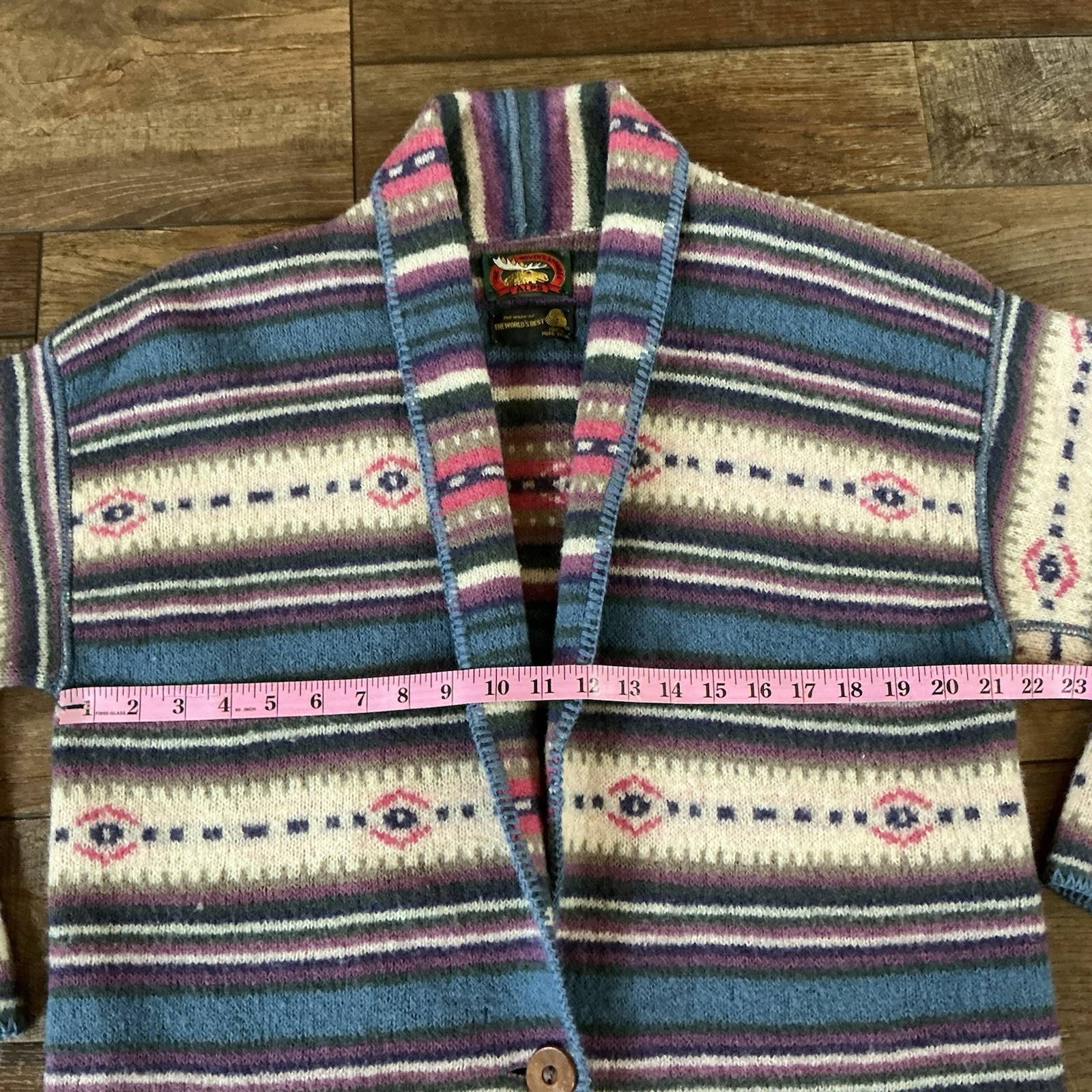 VINTAGE Alps Wool Cardigan Sweater Southwestern Aztec Shawl Collar Size L #19C6