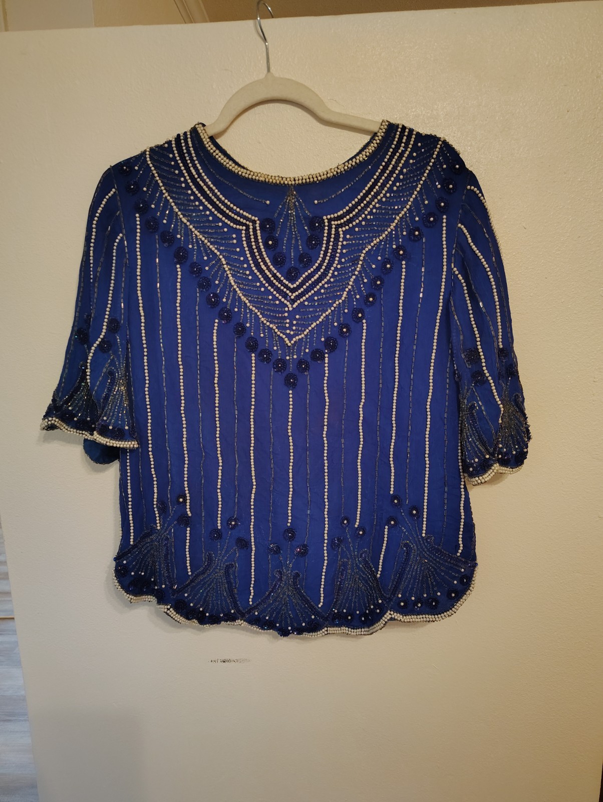 Vintage In Fashions 100% Silk Beaded Sequin Blouse – Royal Blue – Size M