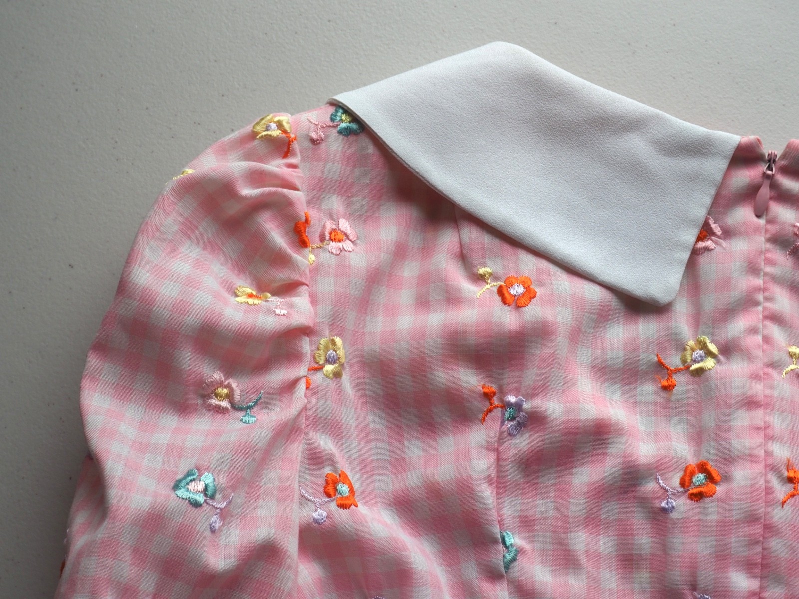 Vintage 70s Gingham Maxi Dress Empire Waist Gown Peter Pan Collar Pastel Kawaii