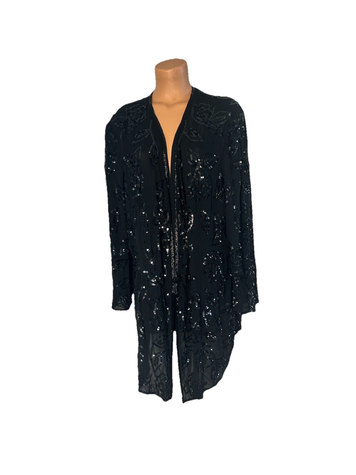 Vtg 80s 90s AJ Bari Sheer Silk Chiffon Jacket Blazer Black Sequin Plus Sz 22