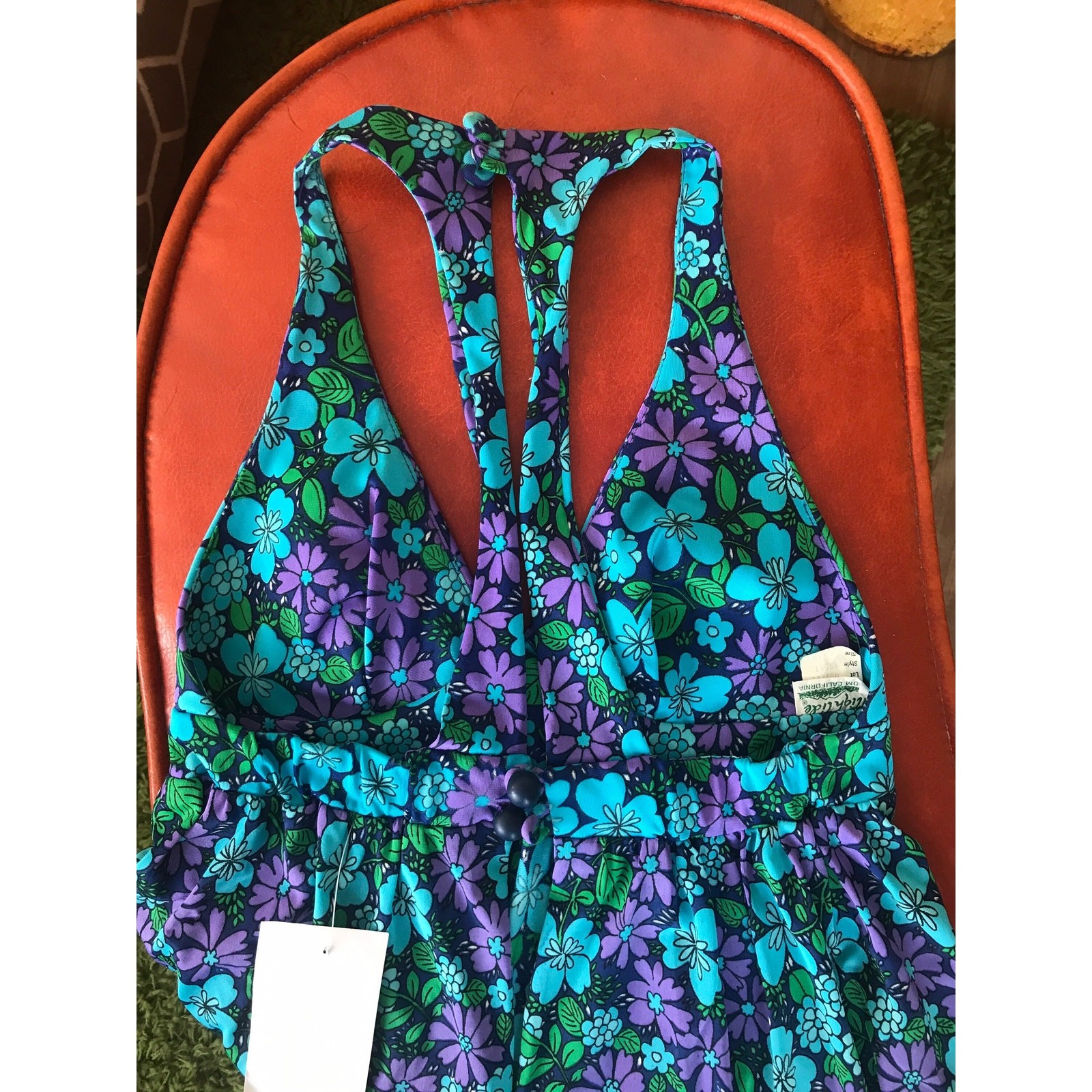 Vintage 1960s High Tide Halter Maxi Dress Blue Purple Floral Retro Tiki Resort