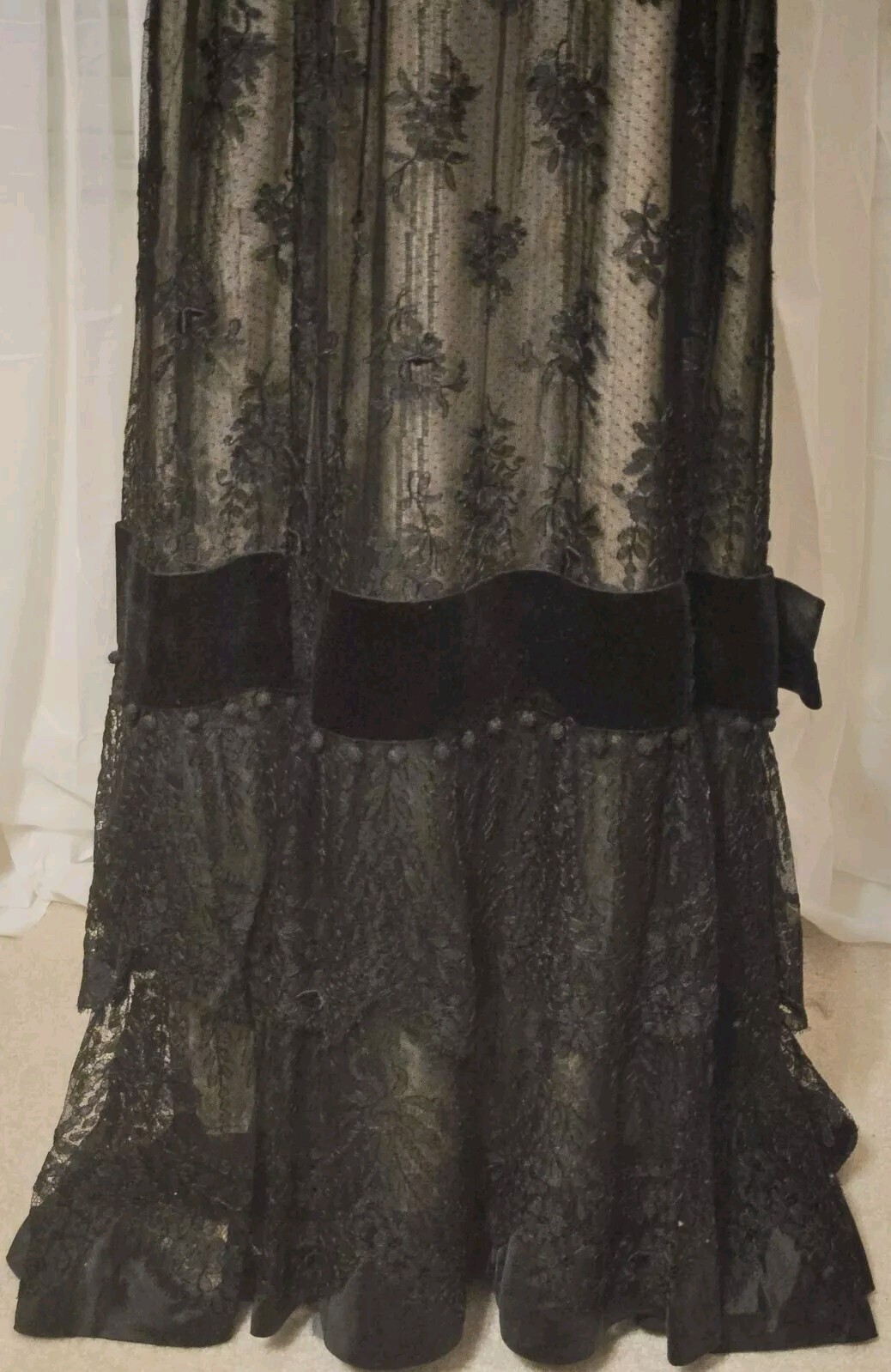 Edwardian Black Chantilly Lace Tassels & Velvet Trim Gown
