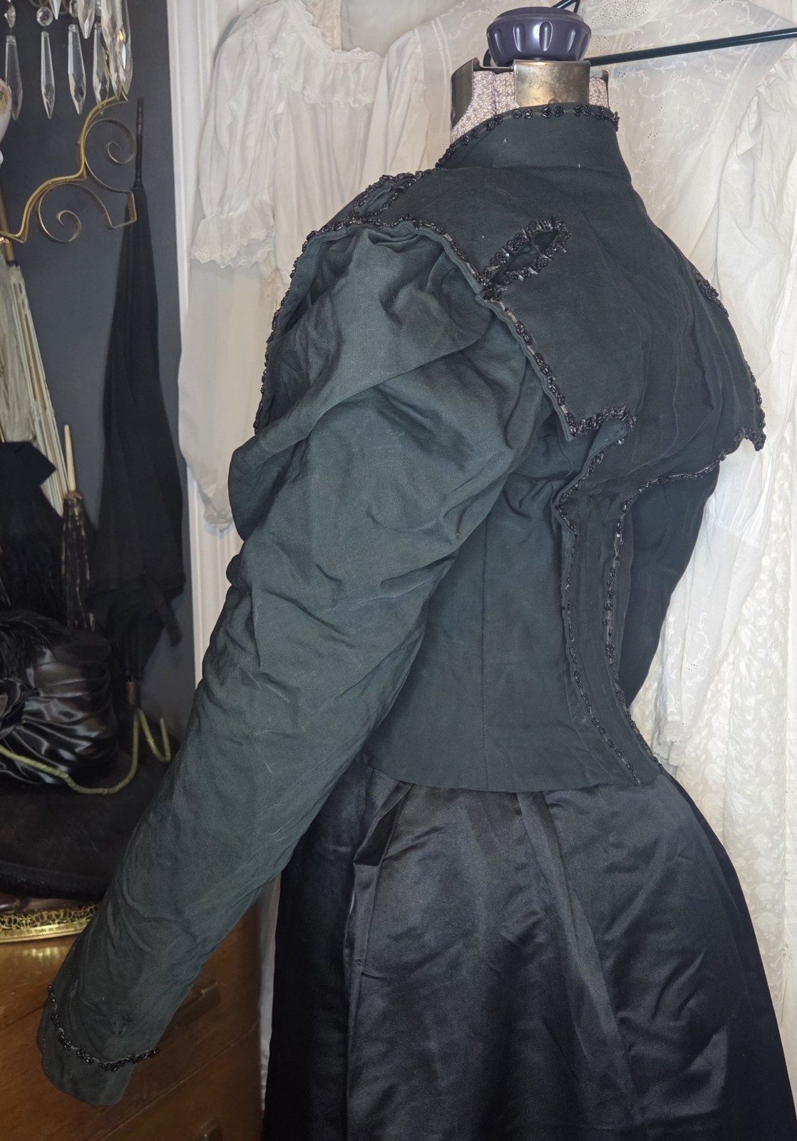 Deep Hunter Green Victorian Cotton Blend Bodice w/ Jet Black Bead Trim