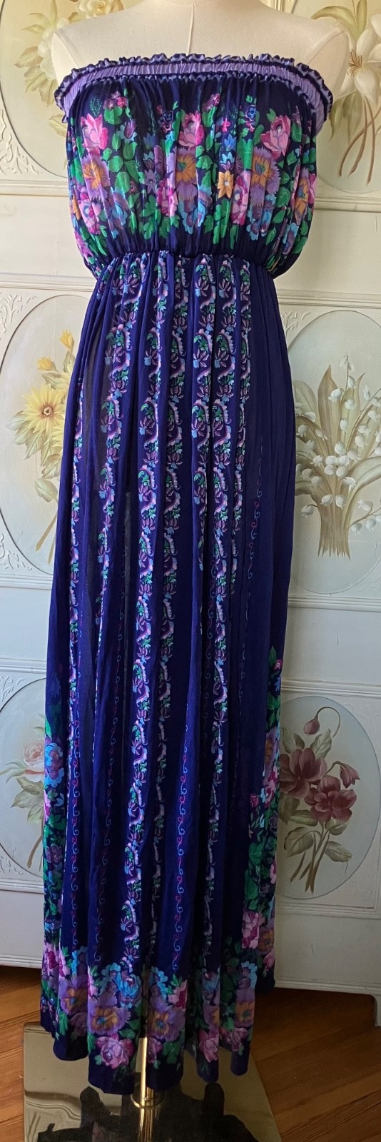 VTG 70s GOTTEX NEIMAN MARCUS DRESS SLEEVELESS TRIACETATE HAWAII PURPLE FLORAL M