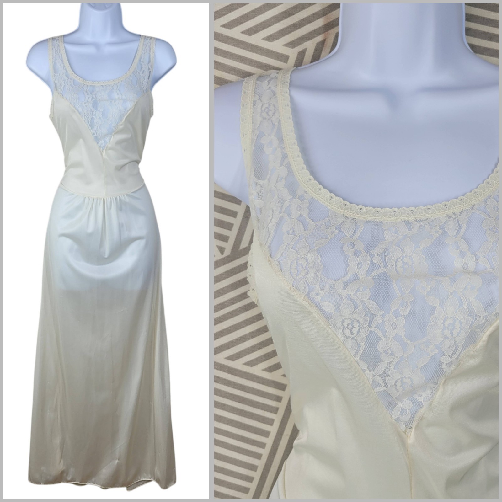Vintage Ivory White Satin Sheer Lace Nightgown Medium Long Slip Nylon Sexy