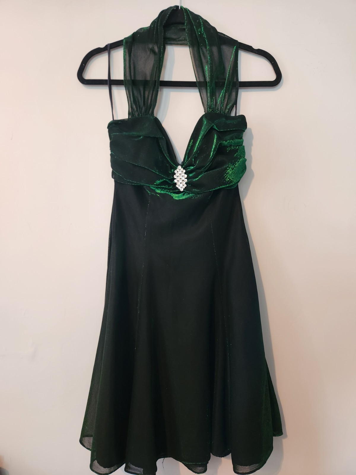 Vtg Alfred Angelo Flirtations Metallic Green/Black Halter Dress Sz 9/10