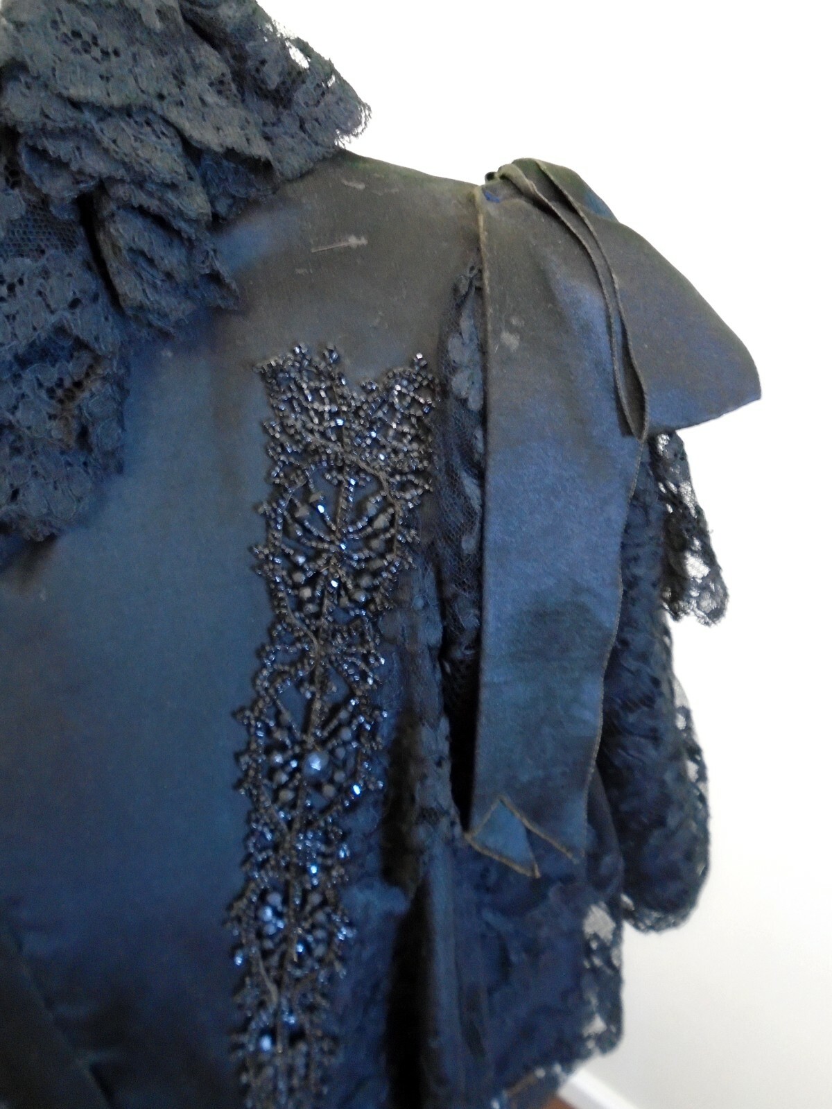 Original c 1870/1890 Victorian Silk Satin Cape Jet Beaded Ribbon/Lace Ruffles