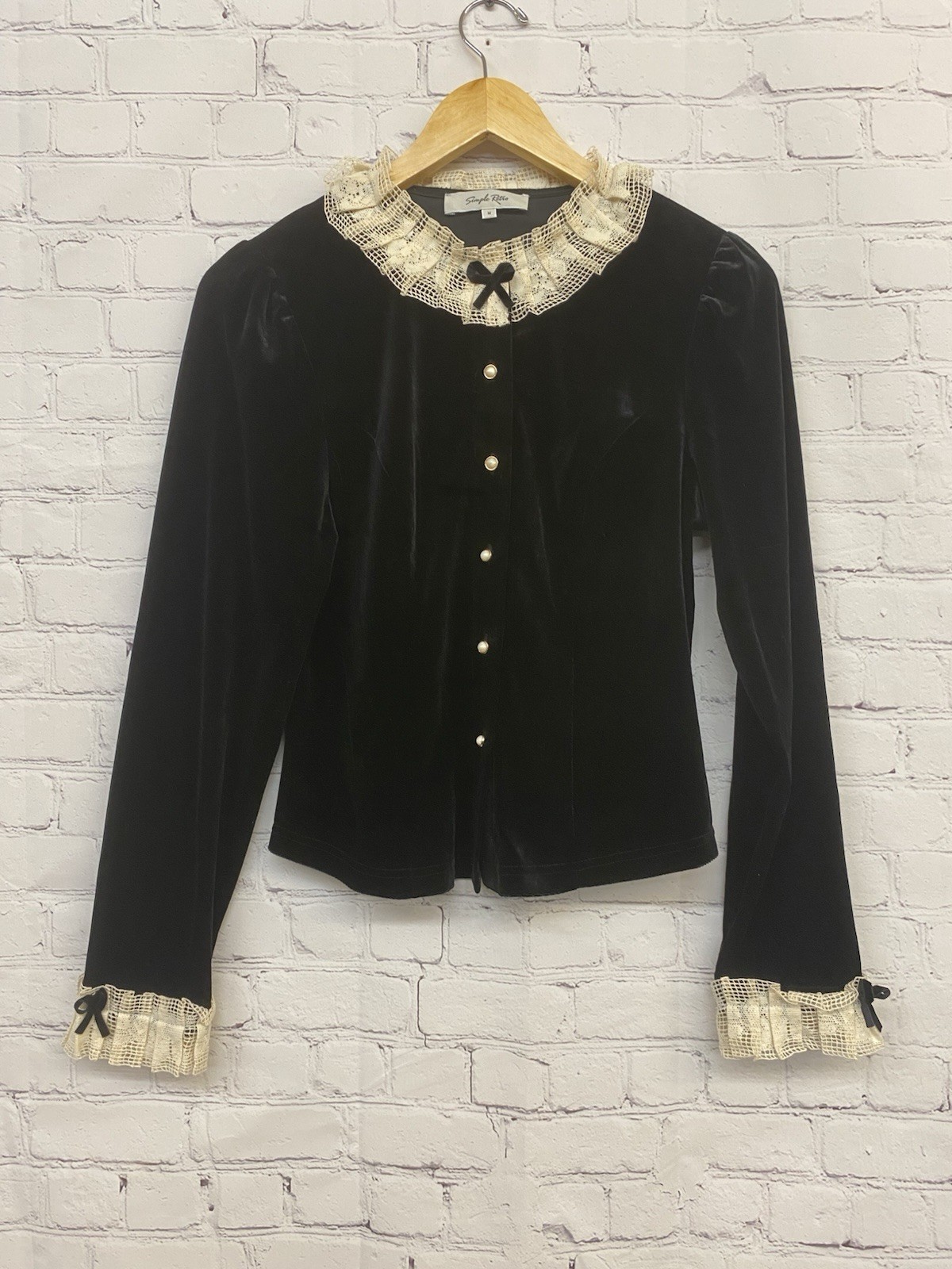 Vtg 80s Simple Retro Velvet Blouse Lace Cottage Core Collared Jacket Silk