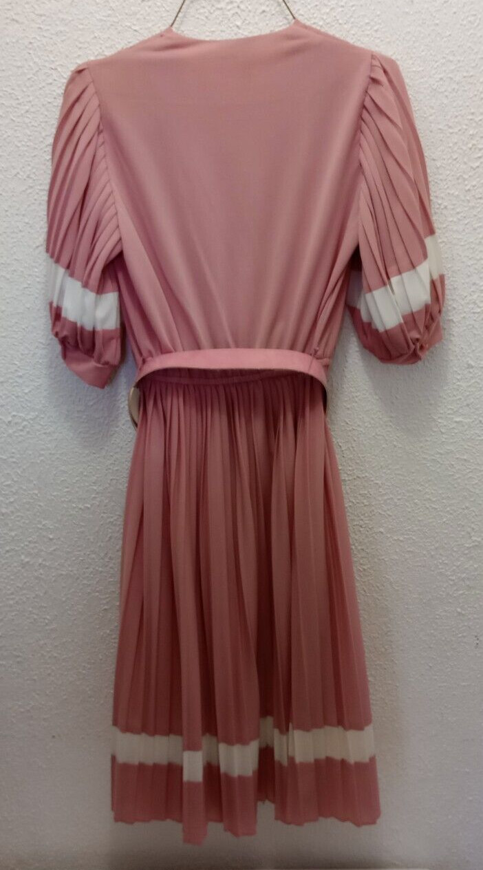 Vintage Riccardo Small Dress Pink Pleated Bottom Sheer Short Puff Sleeves