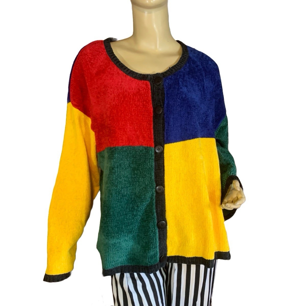 VINTAGE CIRCA 1990’S JACQUE AND KOKO BLACK W/MULTI COLOR CARDIGAN SIZE 22/24