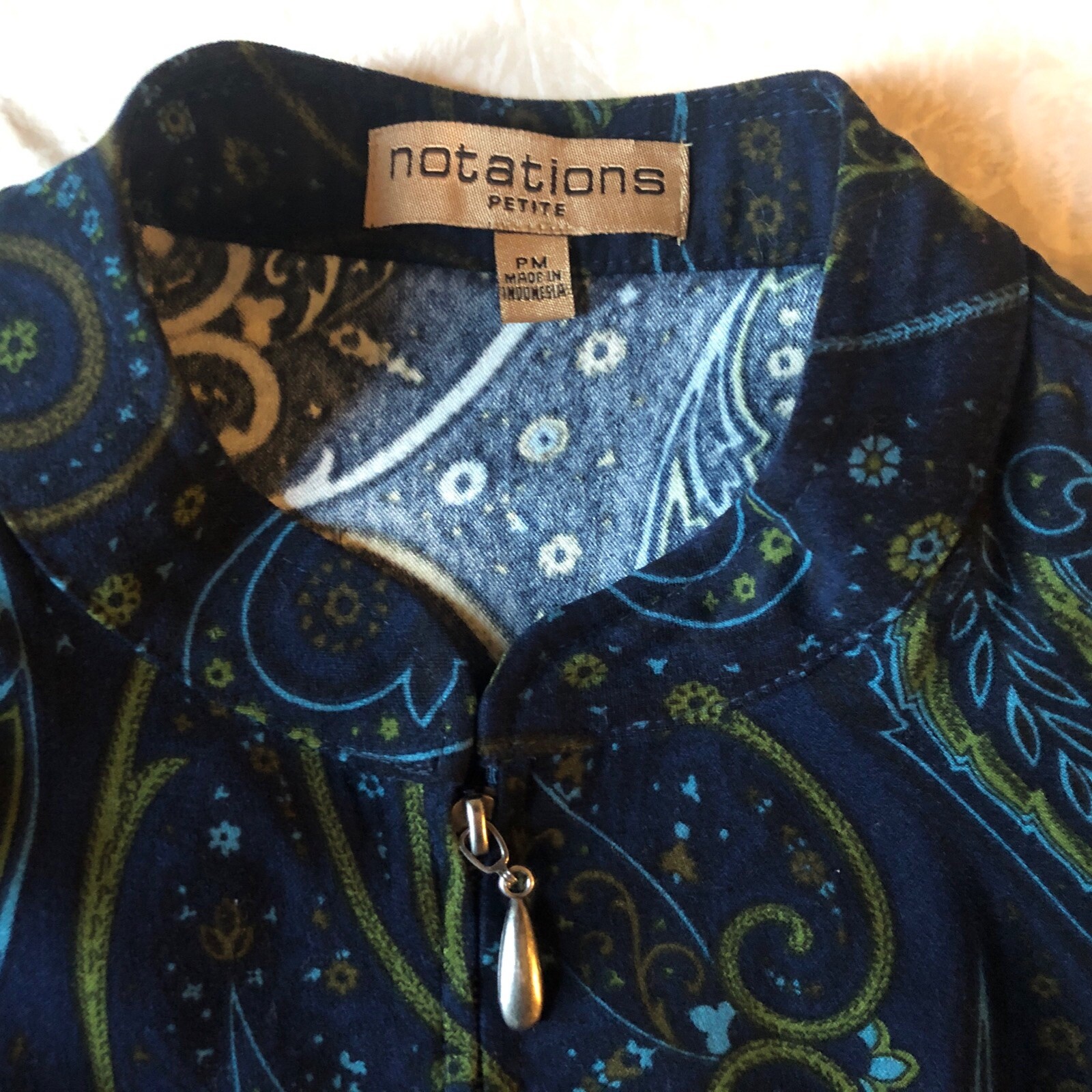 Vtg Notations Women PM Velvety Soft Lightweight Blue Paisley Zip Jacket Stretch