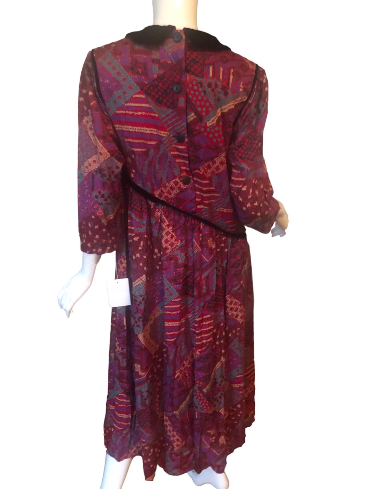 NWT Vtg 80s HORCHOW Dress M Rayon ART PATCHWORK Print COTTAGECORE Collar MIDI