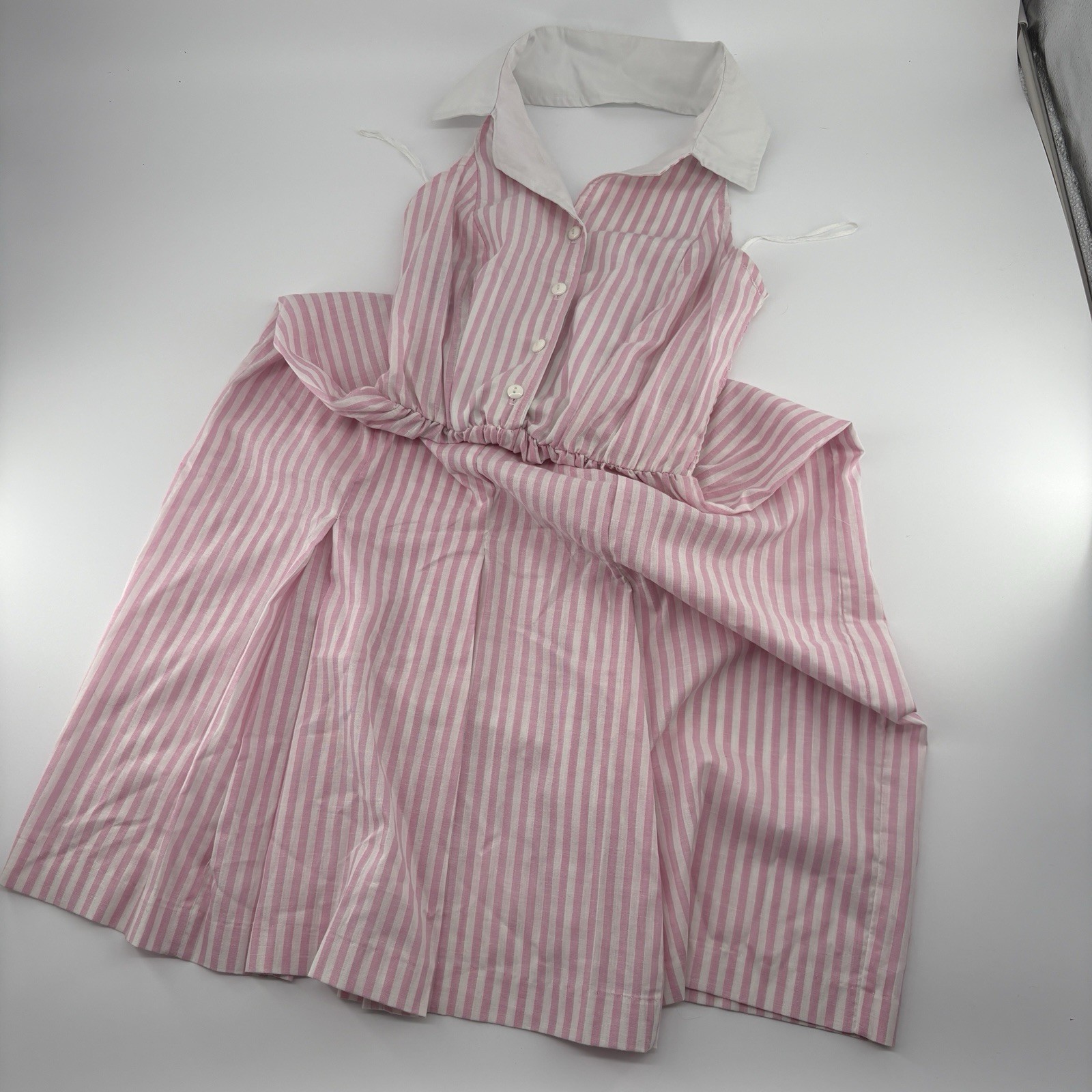 VTG 80s TABBY Pink White Candy Stripe Halter Dress White Collar Smocked USA