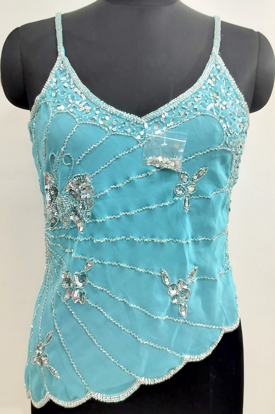 Vintage Y2K Embroidery Costume Sequin Top Blouse Sheer Turquoise Silver Tunic