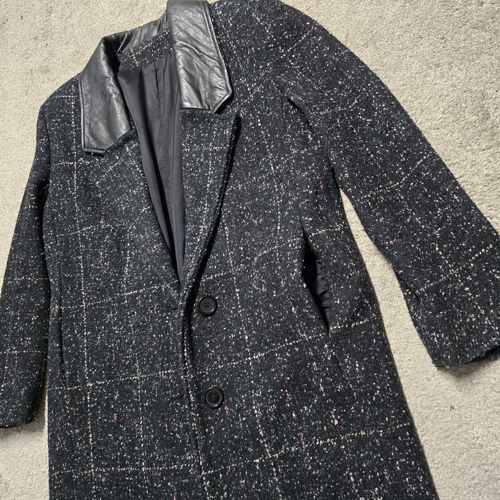Vintage Coat 80s Long Oversized Black Tweed Blazer Jacket Leather Collar Sz 8