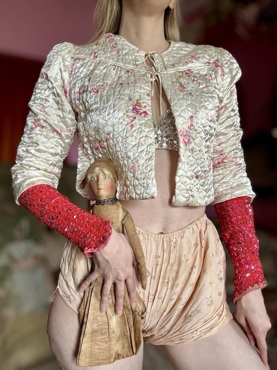 1940s Satin Floral Quilted Bed Jacket, Size M-L