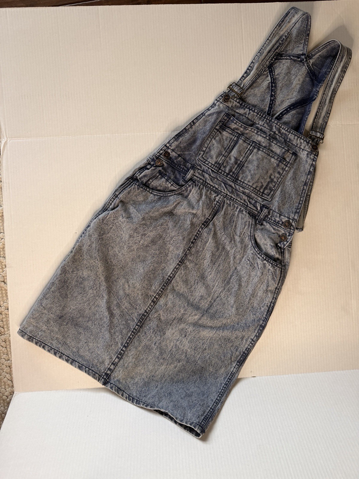 Vintage 80s Belma Womens Acid Washed Overall Skirt Long Denim Jean Stone Large