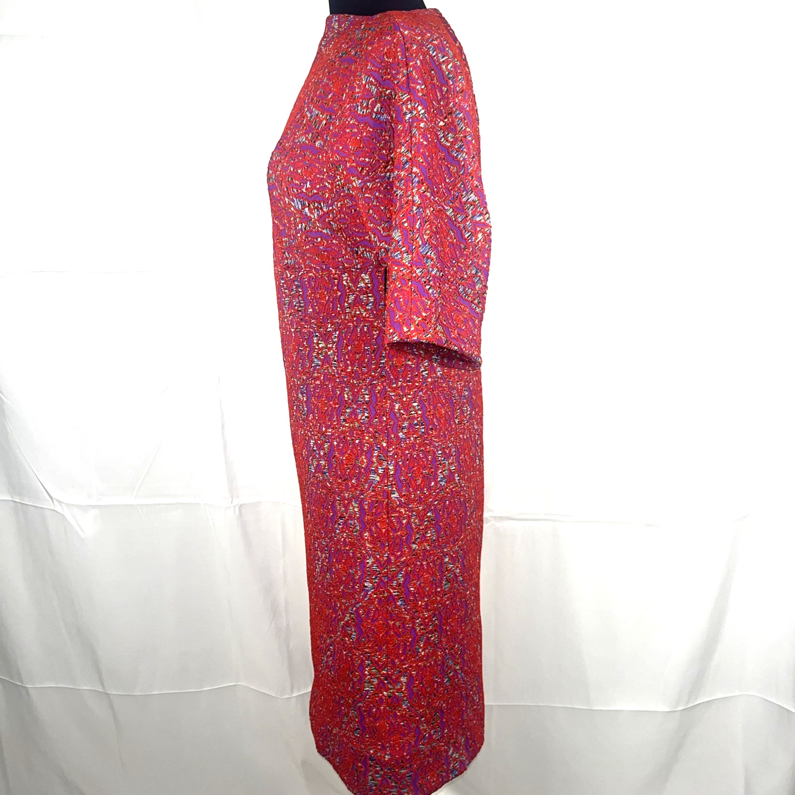 VTG 1960s Mod Dress Handmade Red Purple Abstract Retro Short Sleeve Midi Length