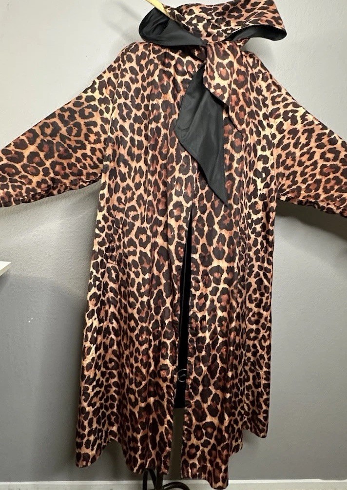 1950s Reversible Silk Satin Duster Coat Leopard Print Hooded Pockets