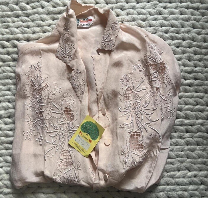 NWT VINTAGE 100% SILK BLOUSE Hand Embroidered Eyelet Victorian Cottagecore Top