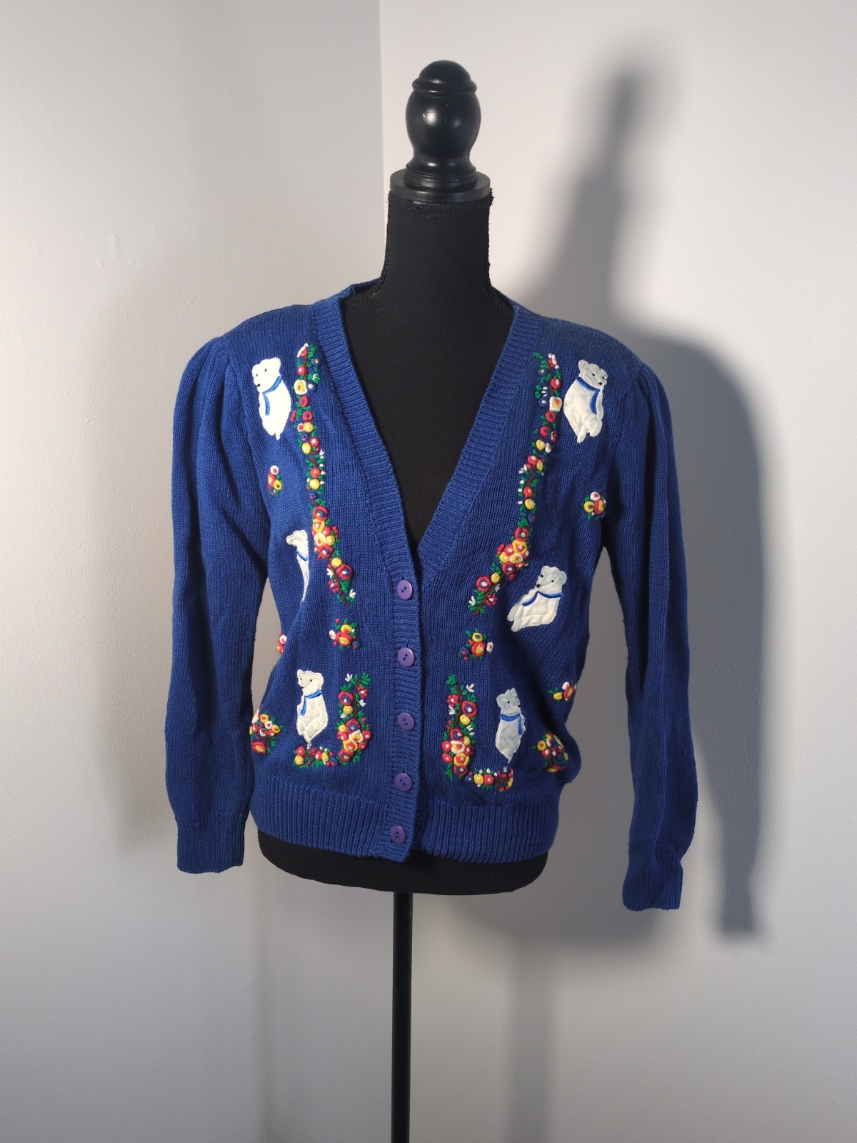 Vintage Margules Knit Cardigan Blue With Floral Embroidery, White Bears Women M