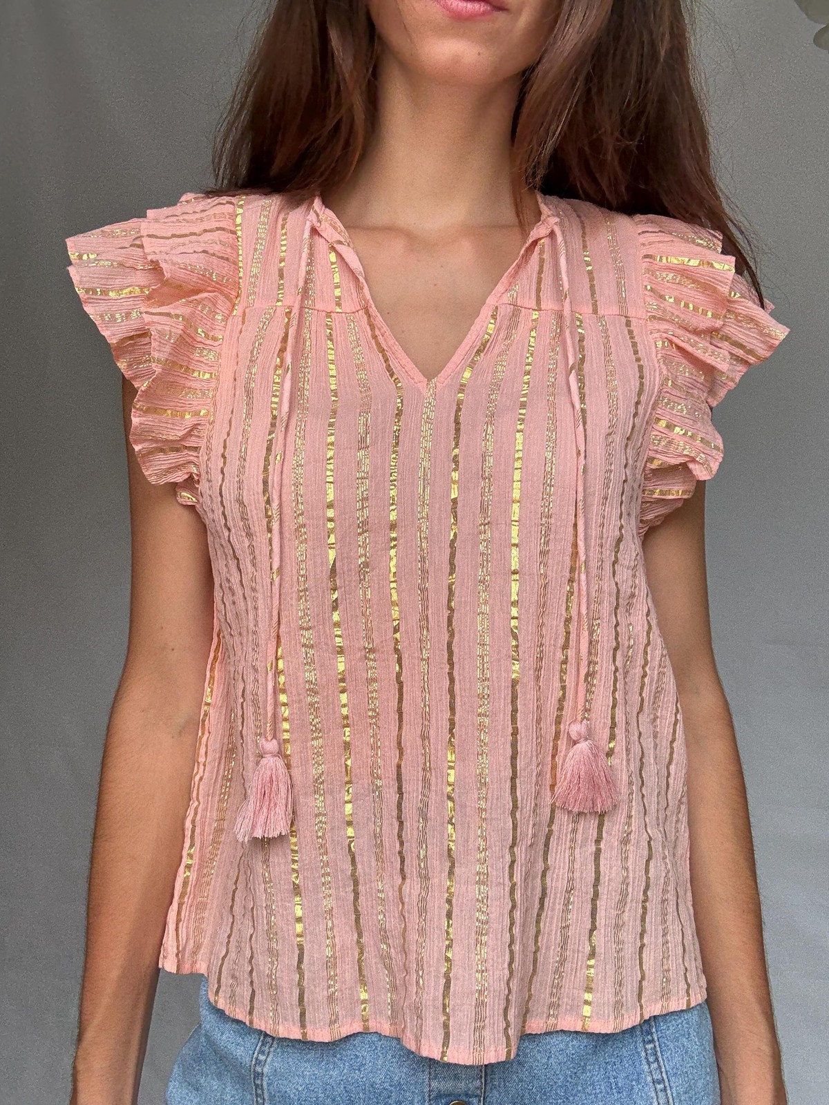 Pink and gold striped cotton top, XS