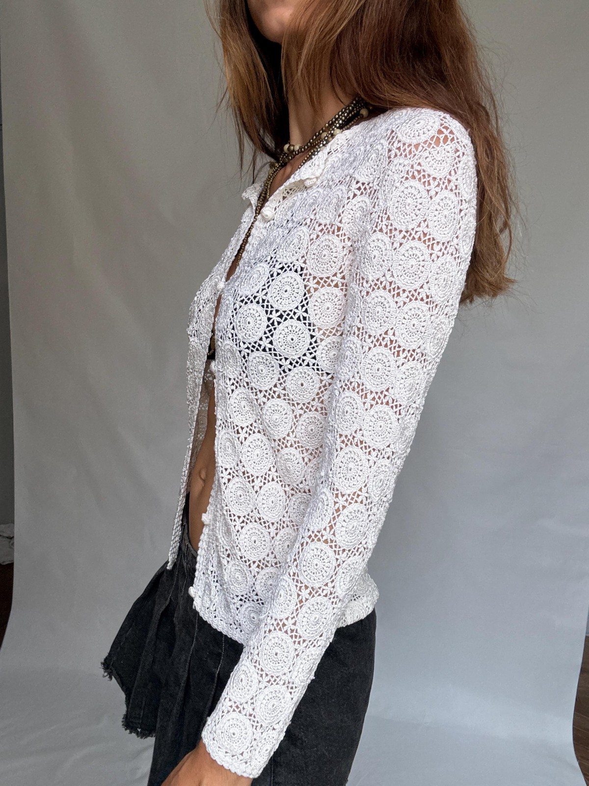 Vintage white crochet top, cottagecore Roonsy Mara cue, US M, casual bohemian ch