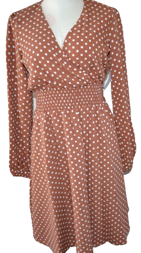 DRAPER JAMES Empire Waist Lined Dress BROWN/WHITE Polka Dots Size S Vtg Kohl’s