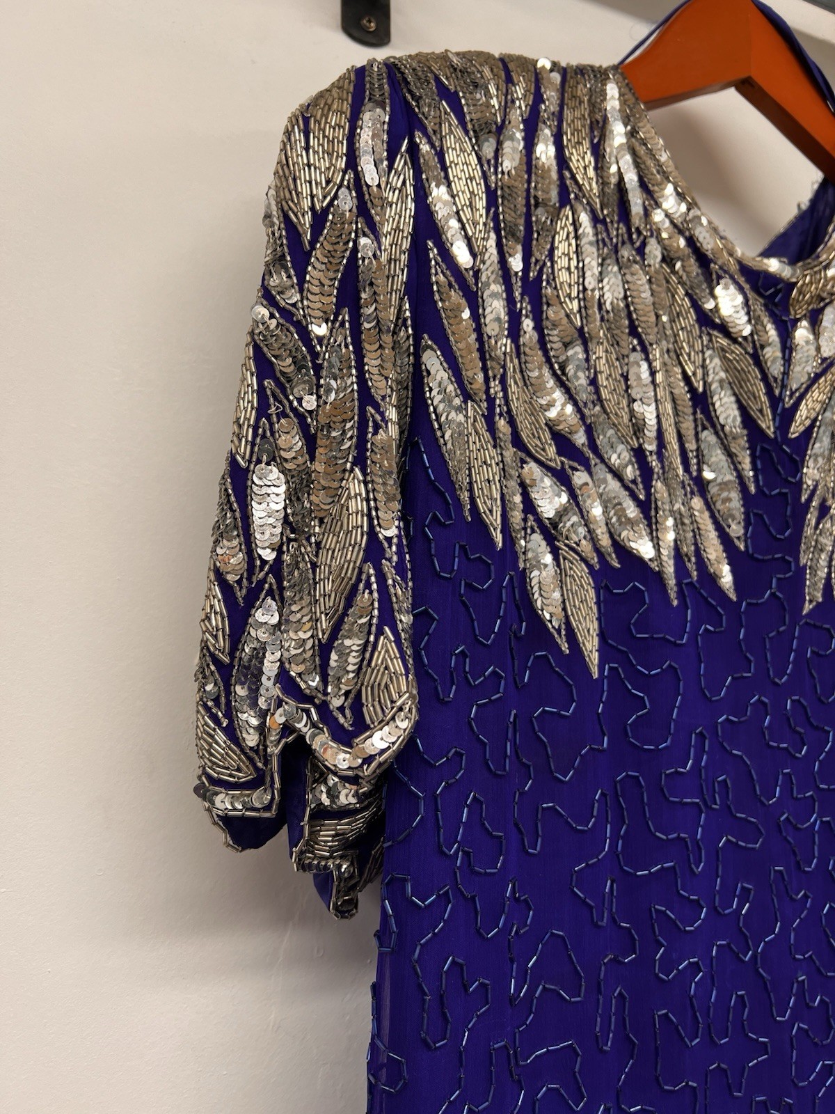Vintage Formal Sequins Silk Beaded Dress Stenay 80’s Glamour Scallop Sleeves 14