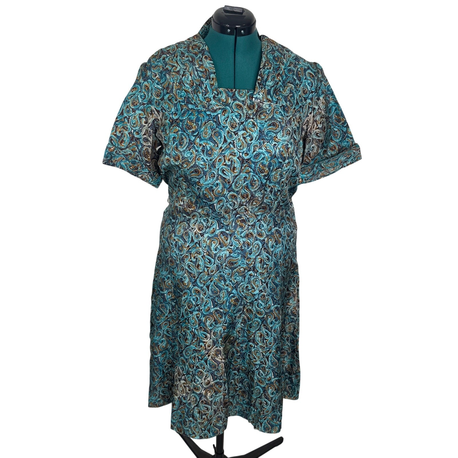 Vintage 1940s Clayton New York Rayon Print Dress Metal Zip Day Dress Swirl Print