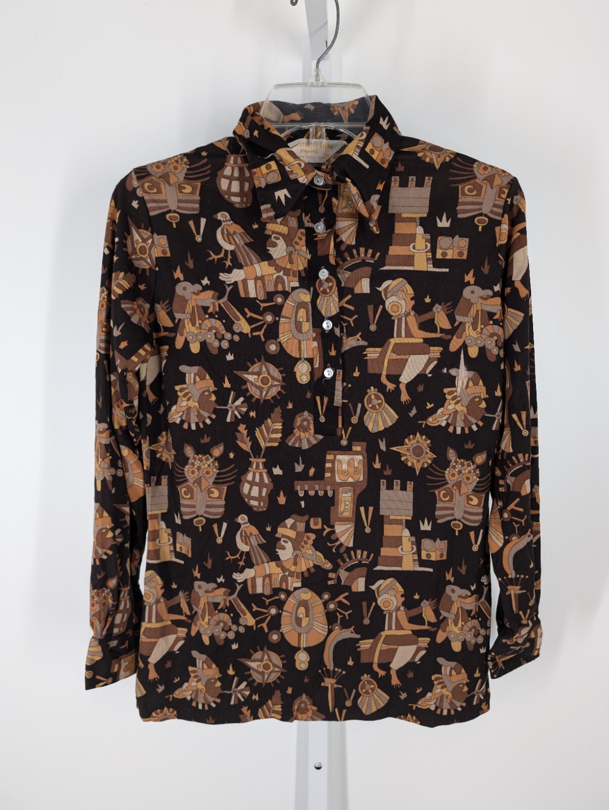 Vintage 70s Mod Boho Tribal Art Print Brown Disco Shirt Bodycon Stretch Nylon L