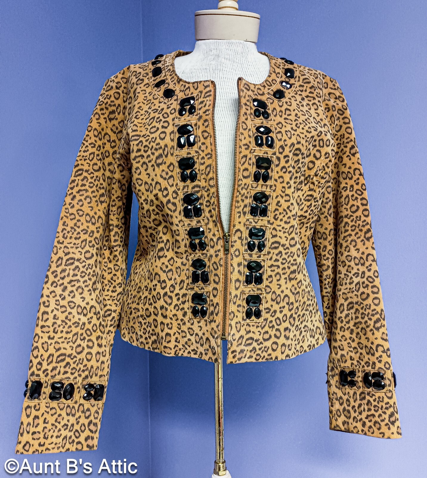 Leather Jacket Ladies Boston Proper Br/Blk Animal Print Jeweled Zip Jacket 16