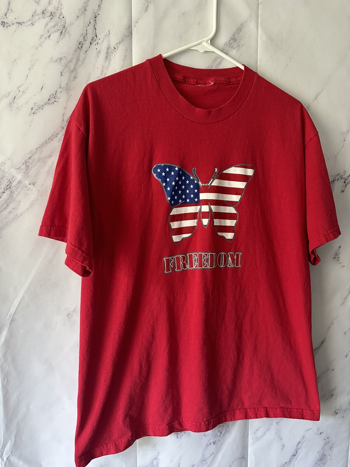 VTG 90s USA FLAG FREEDOM BUTTERFLY PRINT TSHIRT WOMENS MEDIUM