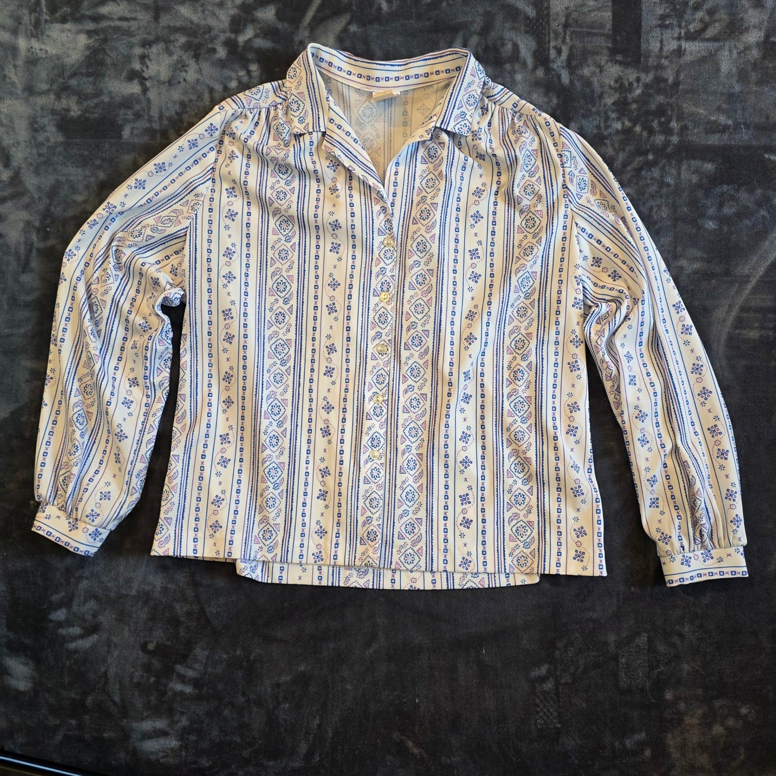 Vintage Lady Graff Blouse Size 38 Blue White Geometric Stripe Button Up USA Made