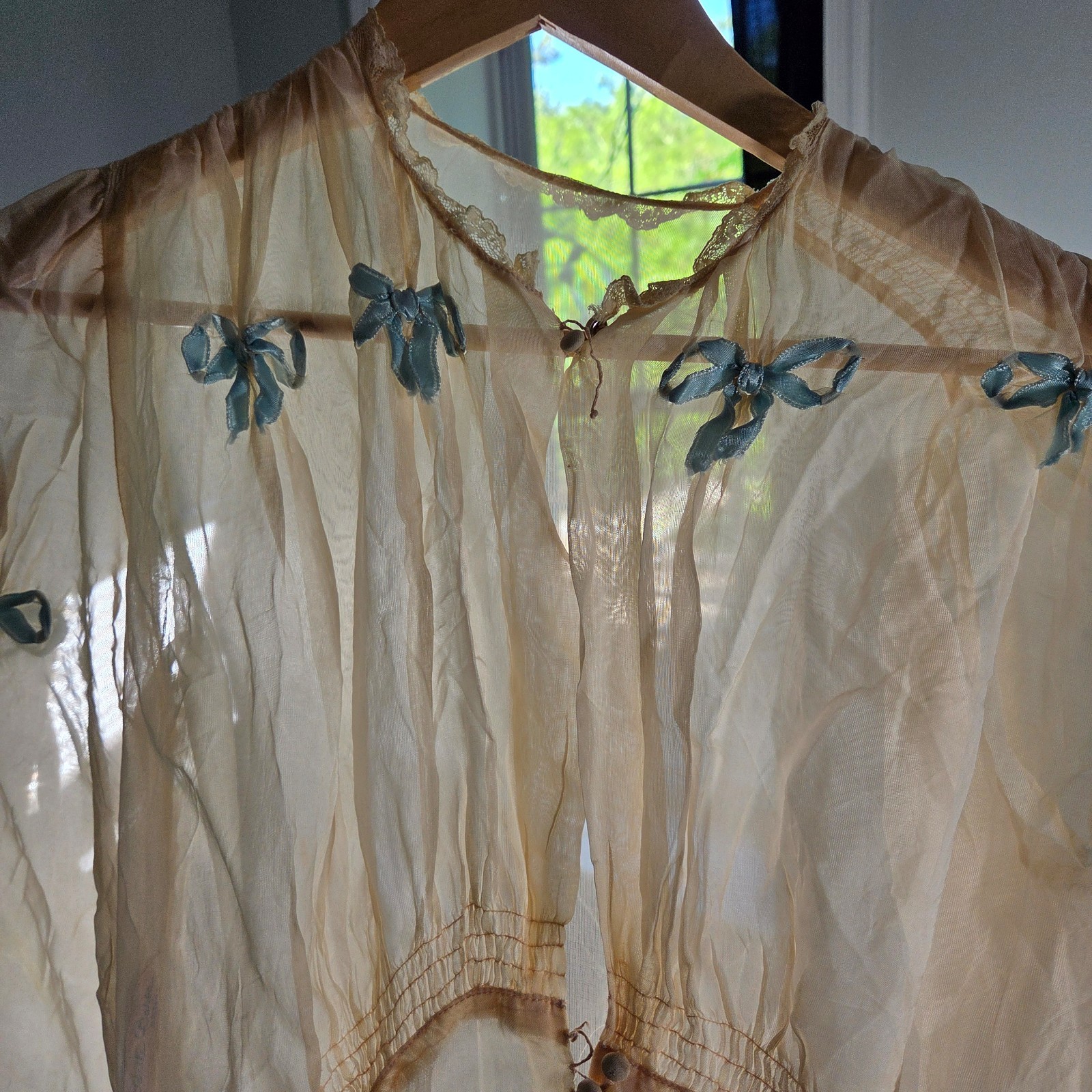 Vintage Nightgown Womens Small Sheer Long Sleeve Full Length Bows 40s 50s 60s