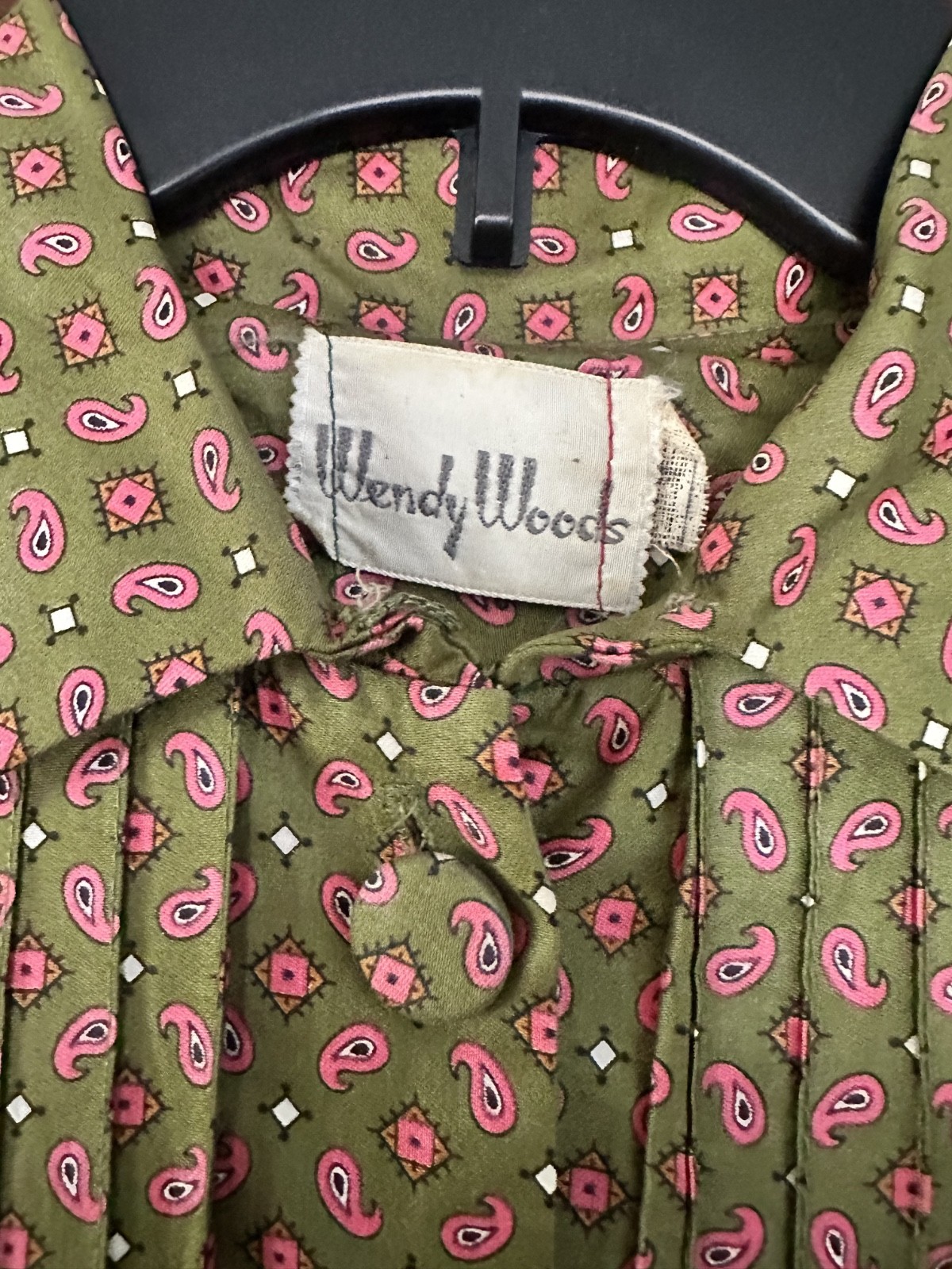 Wendy Woods Green Paisley Pleated Vintage Dress