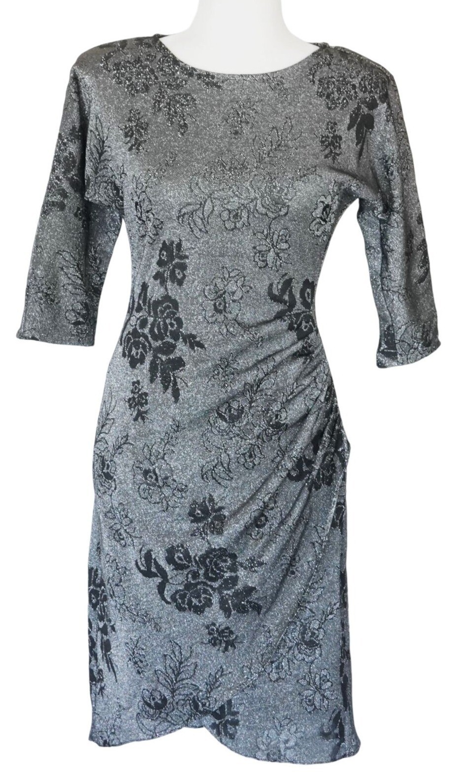 Vintage Lurex Dress Form Fitting Ruched at Hip Silver Black Size 5 Flower Print