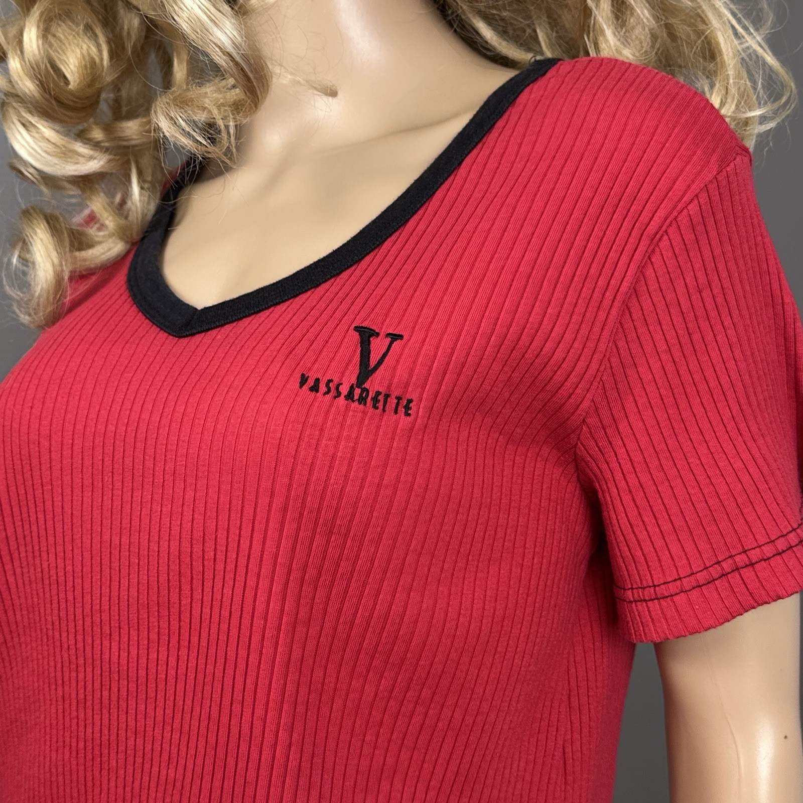 Vintage Vassarette Ribbed Baby Tee Red Black V Neck Logo Top Large 90s Y2K