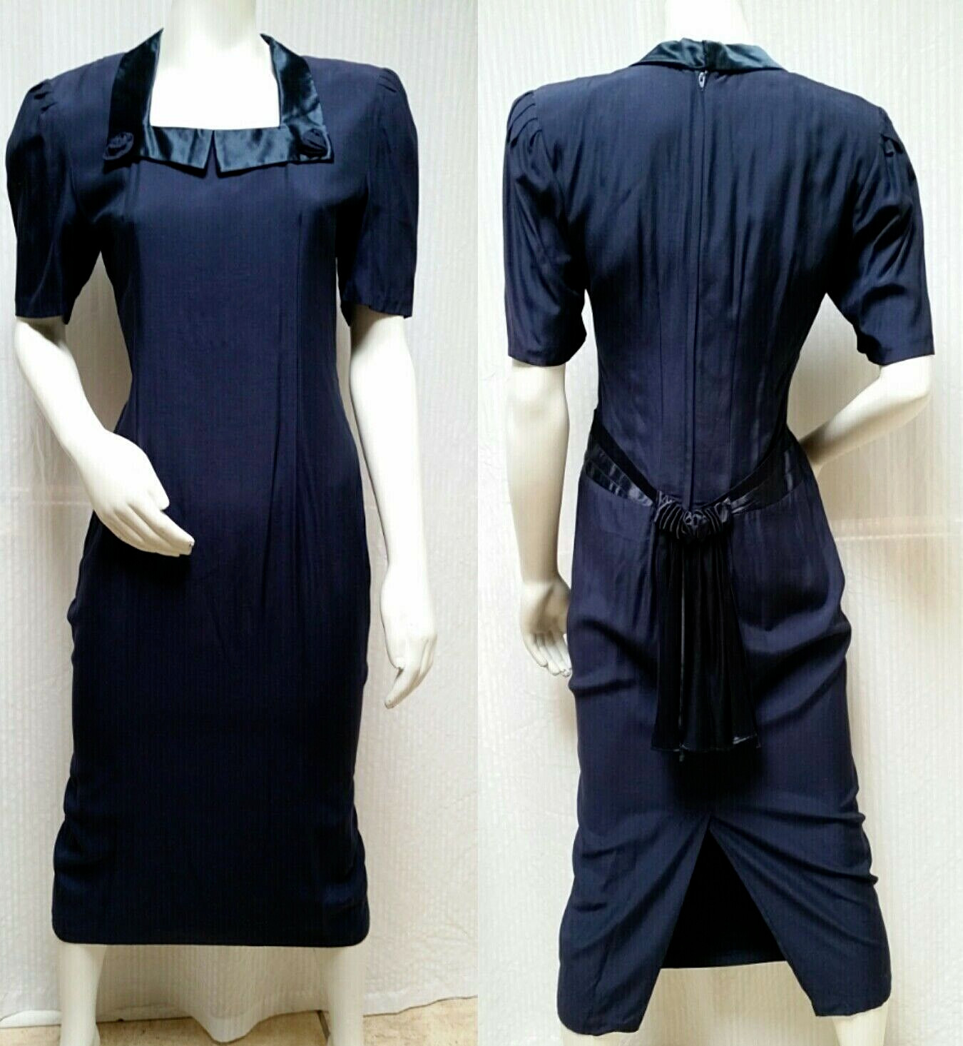 Vintage 80/90’s Navy Reverse Satin Bow Back DRESS – Casual Corner – Size S – EUC