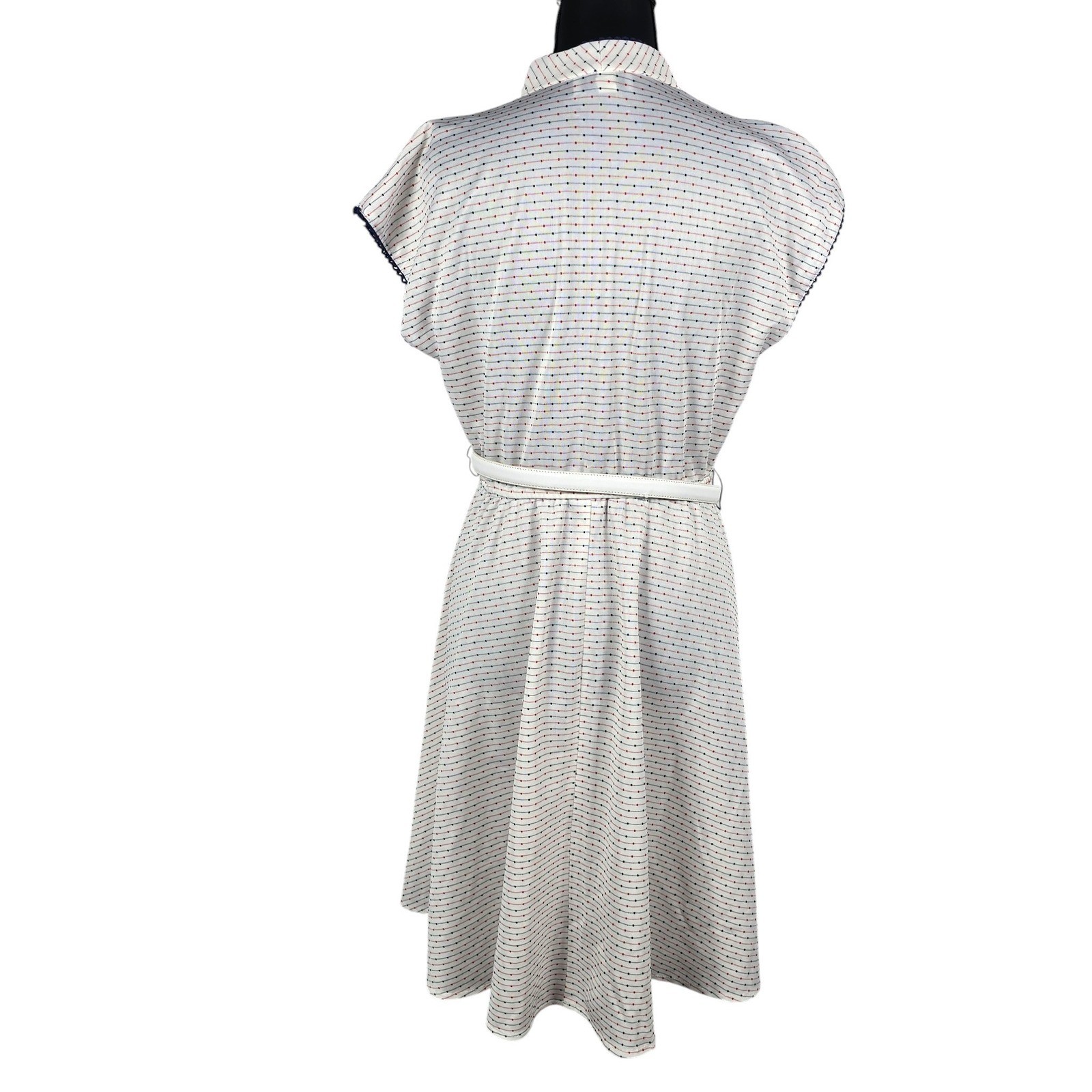 VTG Franky B Women White Red Navy Dotted Stripe Cap Sleeve Midi Dress Size 10