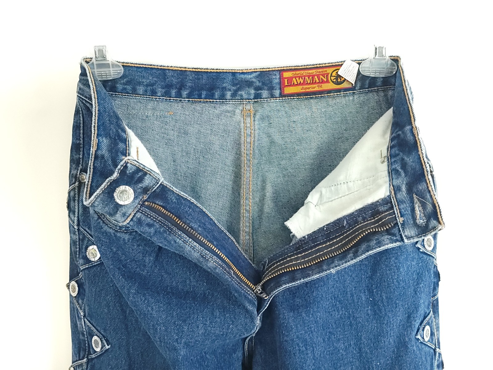 Vtg Lawman Western Jeans Junior’s 15 Blue Denim Distressed Faded Embellished