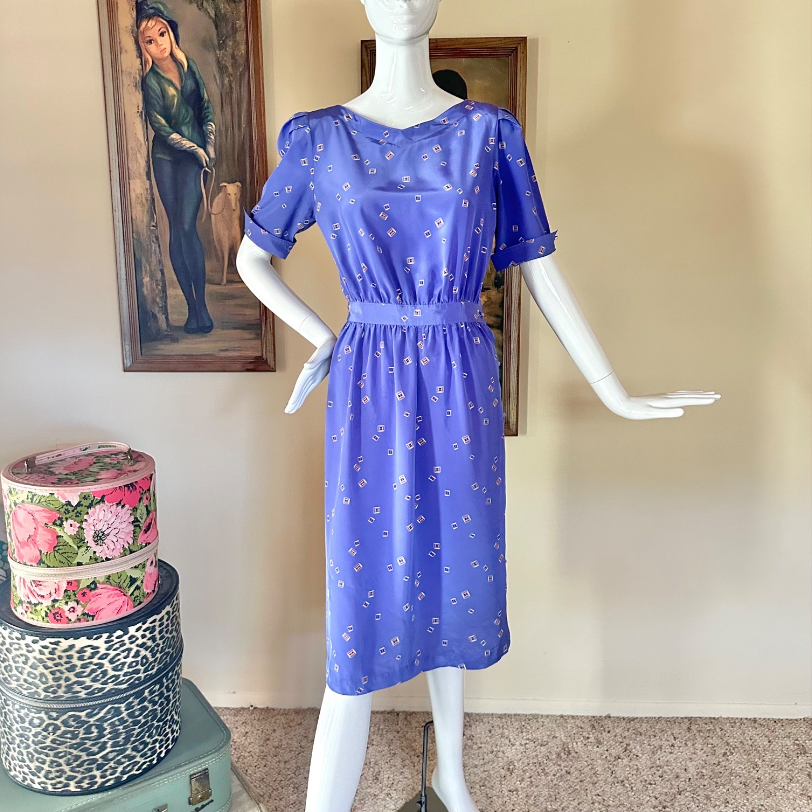 Vintage 1980s New Wave Squares Purple Secretary Day Dress Cute Button Side! S