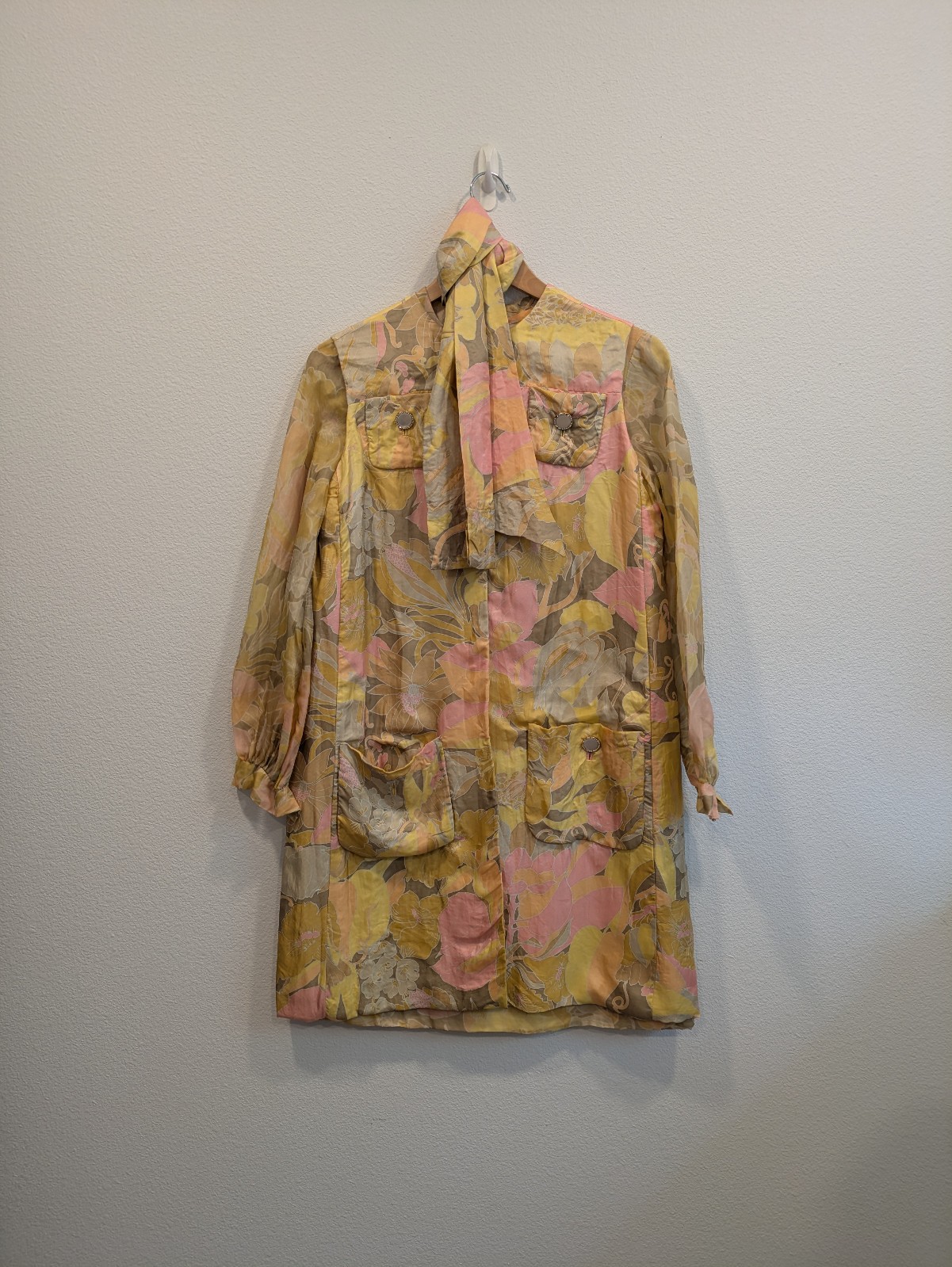 Vintage 1960s Neiman Marcus Pastel Phsychedelic Silk Dress, Vest, Scarf Set