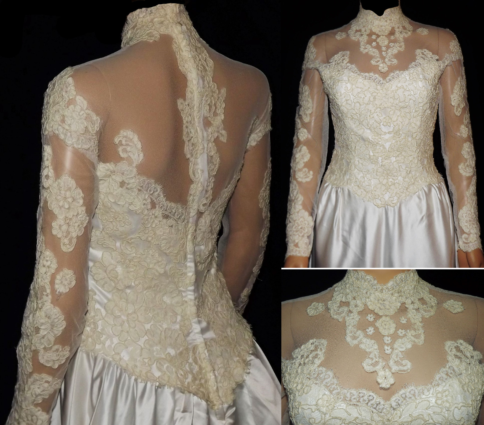 Liquid Satin Silk Wedding Dress Illusion Lace Ivory A-Line Bridal Gown