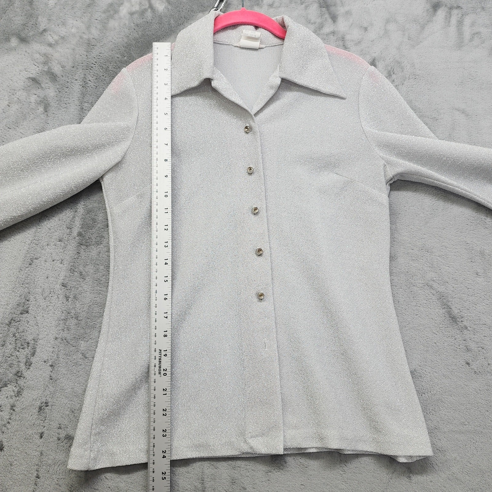 Vintage 70s Donnkenny Metallic Long Sleeve Button Up Top Size 13/14 Silver Disco