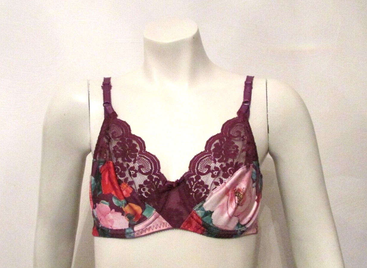 Maidenform Chantilly 7329 Floral Print Silky Satin Purple Lace Underwire Bra 36B