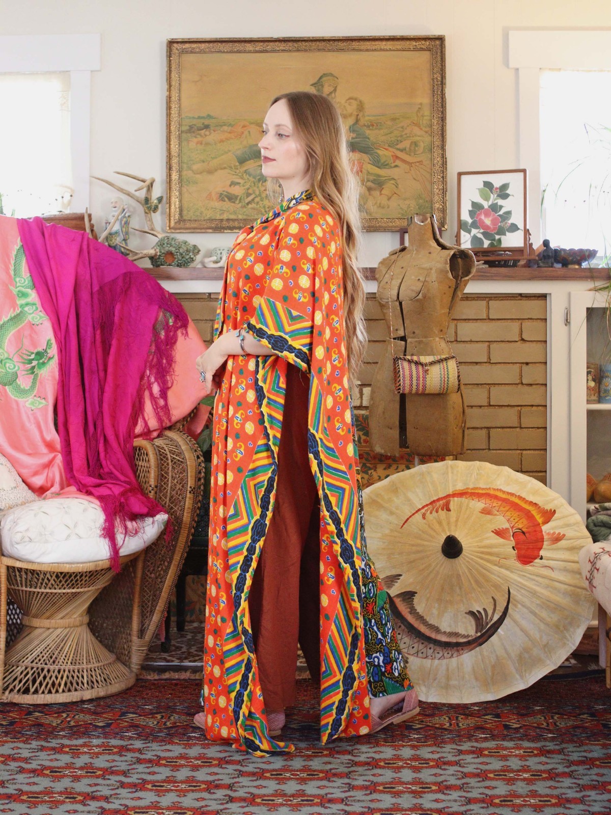 1960s Maxi Caftan Poncho Cape Psychedelic Pussy Bow Neck Phoenix Print Freesize